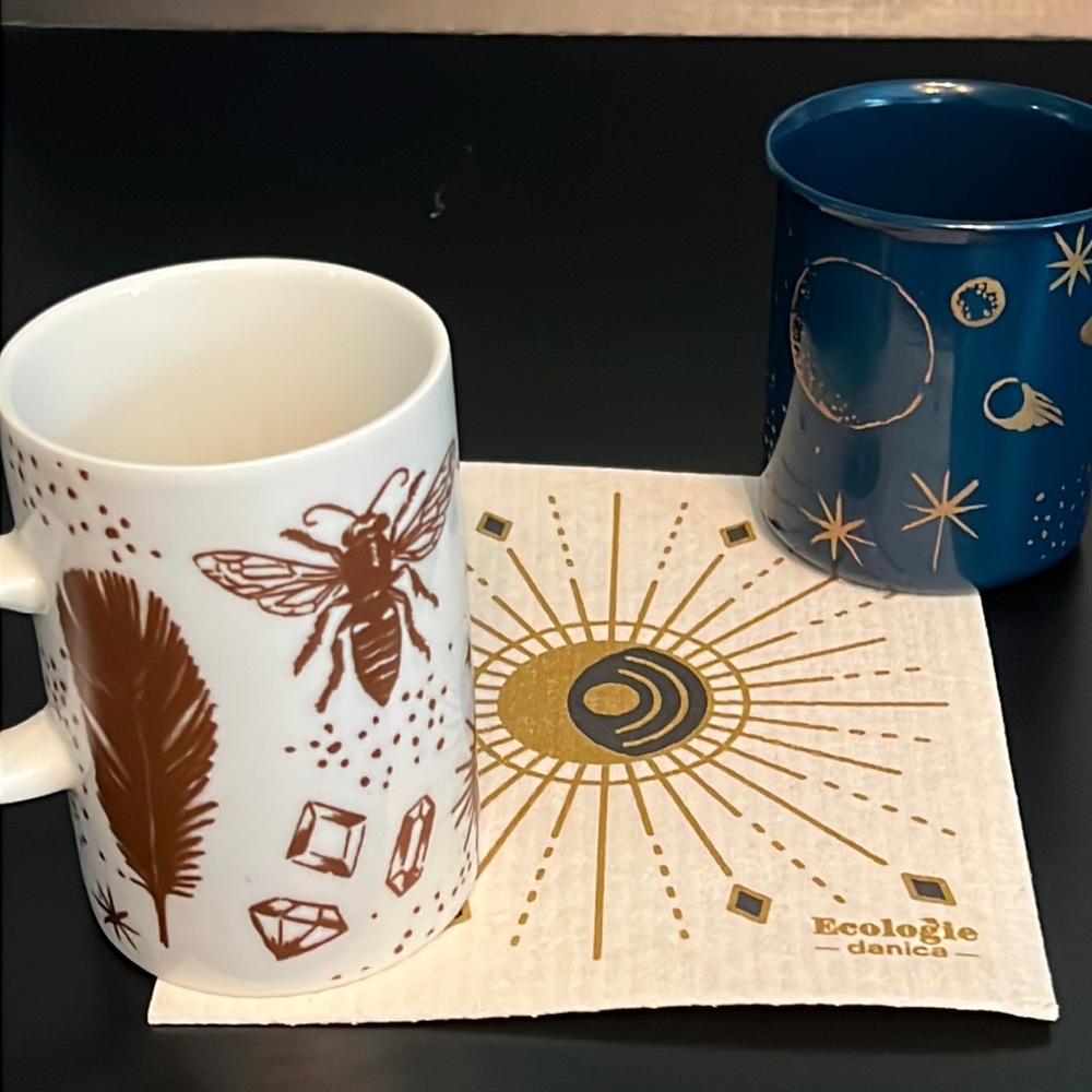 “Mystique” celestial/nature ceramic mug/enamel pencil cup/Swedish dishcloth-NWT